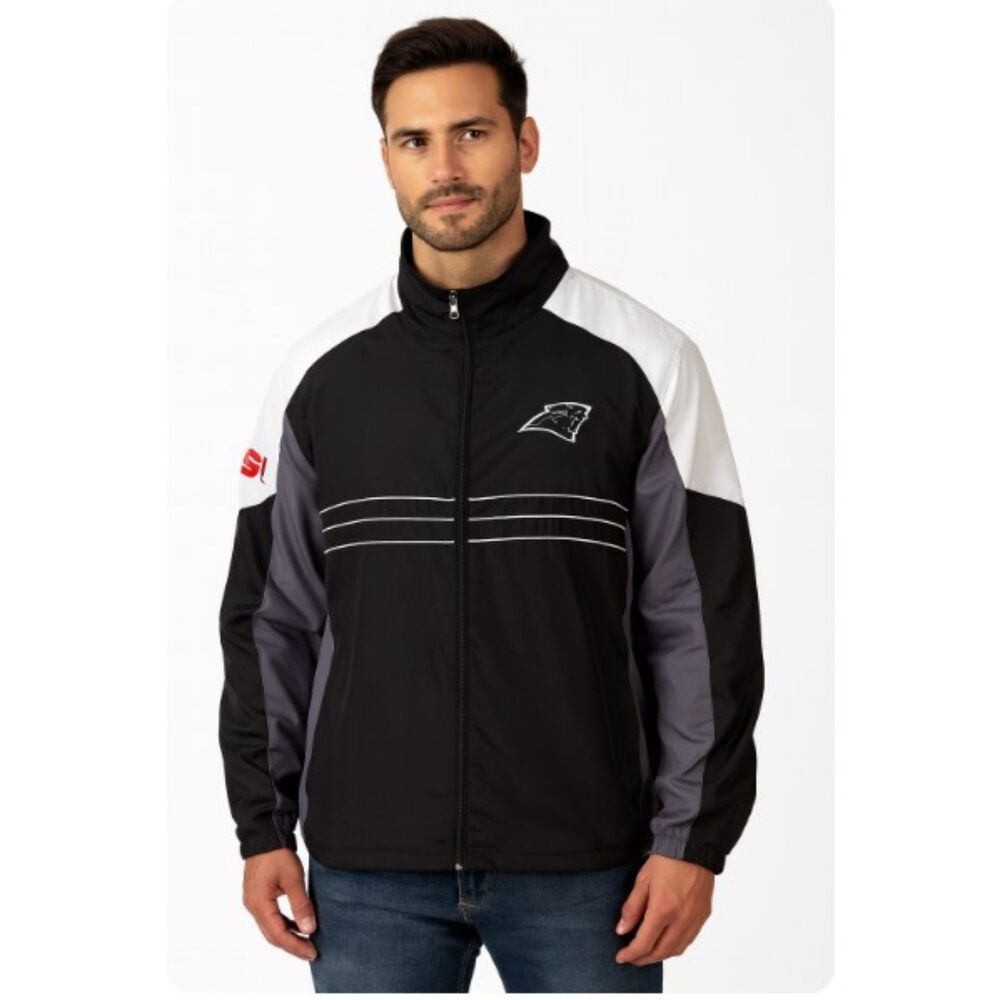 NFL Carolina Panthers Jacket Reebok Windbreaker Full Zip Lined Black White L